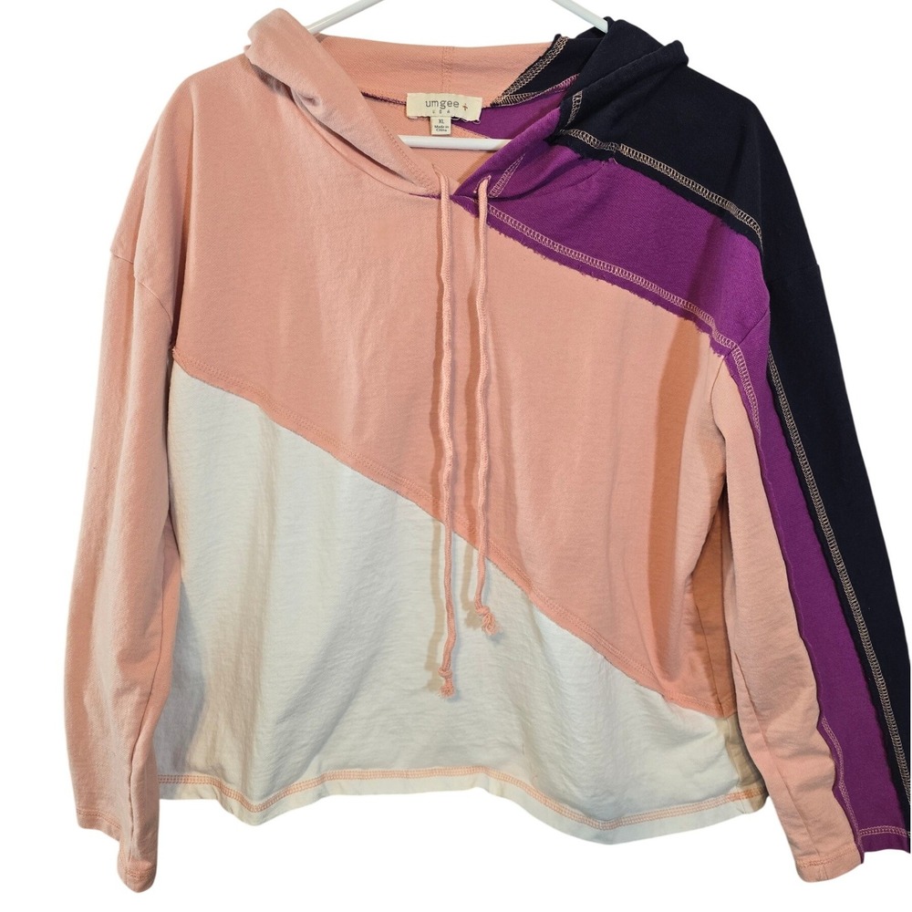 Umgee USA Colorblock Hoodie‎ Pullover Sweatshirt Pink Purple Navy XL